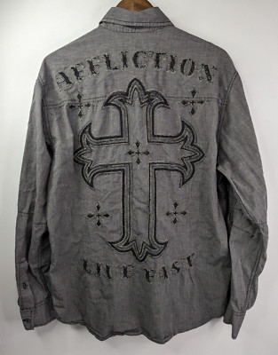 Affliction Black Premium 2XL Gray Live Fast Cross Embroidered Button Long Sleeve