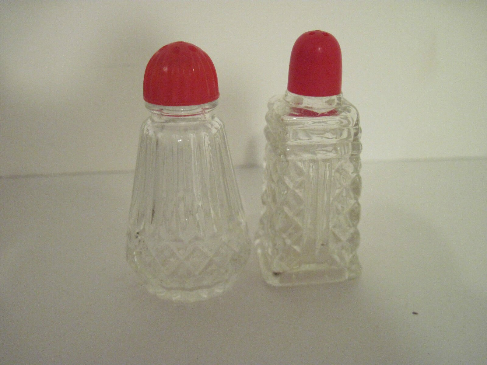Crystal Cut TINY salt and pepper shakers with red caps eBay