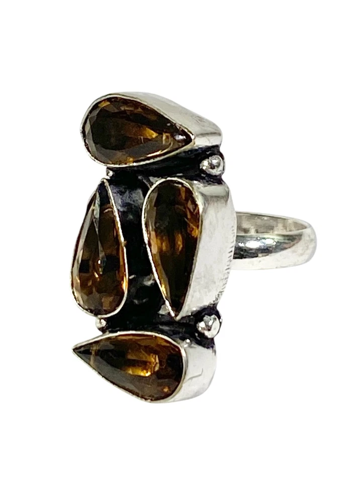 Anillo de piedras preciosas de cuarzo ahumado 4 piedras preciosas en forma de lágrima hecho a mano tamaño 6,25" nuevo Foto 3 de 4