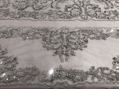 Gray Beaded Sequins Embroidery Bridal Lace Fabric 50” Width Sold By The Yard - Picture 3 of 7