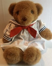 Vtg Eden Bear Eyelashes Sailor Dress Plush Teddy Brown White Blue Stripe Red Bow