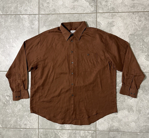 Yves Saint Laurent Vtg YSL Button Shirt Cotton Blend Mens XL 18 Brown 34/35 - Picture 5 of 17