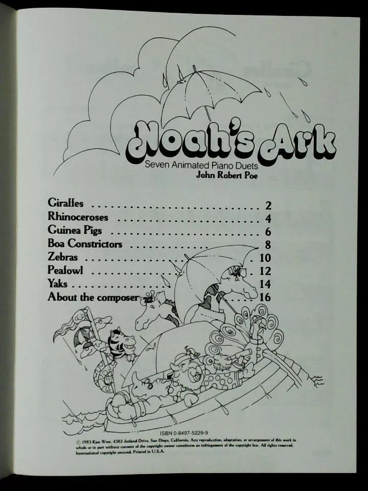 Noah's Ark by John Robert Poe. Neil Kjos Pub. 1986 New-Old Stock