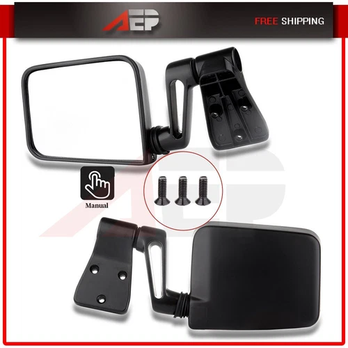LH+RH Pair Side Front Door Manual Black View Mirrors For 1987-2002 Jeep Wrangler