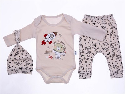 Jungen Outfit, 3-teiliges Set, Body+Hose+Mütze, blau, grün, beige, Größe: 62-74