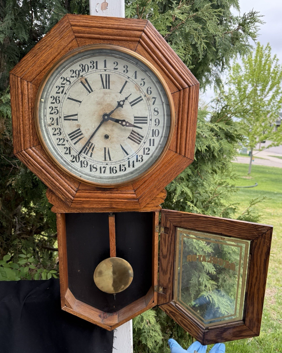Antique 1908 Sessions DEL MAR Regulator Wall Clock Calendar VIDEO