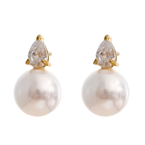 PERFECT AAA++ GENUINE NATURAL WHITE ROUND PEARL STUD EARRINGS 14K YELLOW GOLD