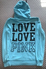 Victoria's Secret PINK LOVE Blue Full Zip Hoodie Size Medium Cotton Blend