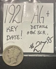 1921 Mercury Dime (AG+) About Good+! Key Date! Details: OBV. SCR. ENN Coin
