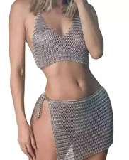 Aluminium Butted Chainmail silver bra and skirt wrap set Medieval One Size Hot