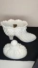 Vintage Fenton Milk Glass Hobnail Lidded Shoe Candy Dish Box Glass White Old HTF
