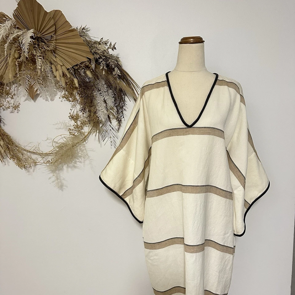 Bassike Linen Leather Contrast Kaftan Midi Dress Striped Pattern Casual Sz M L - image 2 of 4