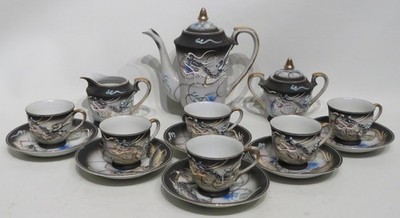 Dragon Ware Geisha Lithopane 17 Pc. Tea Set Pot/Creamer/Sugar/Cups/Saucers Japan