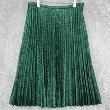 Worth New York Skirt Womens 6 Green Metallic Pleated Midi Made in USA Side Zip