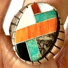 Navajo Turquoise Mens Ring Sz 11 Multi Stone Inlay Signed Jack Oval Sterl 20mm