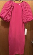 Calvin Klein Pink Pleated Balloon Sleeve Sheath Dress Knee Length Round Neck Zip