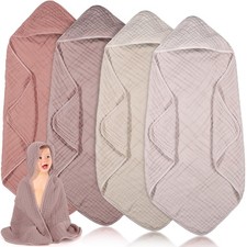 4 PCS Muslin Hooded Baby Bath Towels 32x32 Inch Cotton Newborn Blanket Beige
