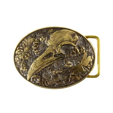 Raven skull brass belt buckle, mythology bird, Gothic Floral Crow skull Design