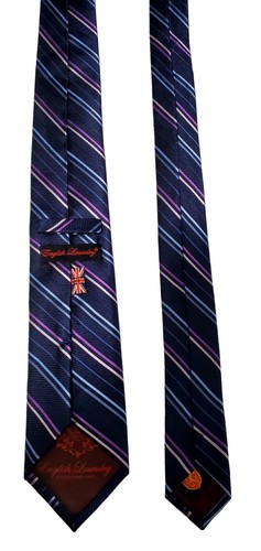 English Laundry Men's Skinny Silk Necktie Striped Navy Blue Purple Lavender - Picture 5 of 10