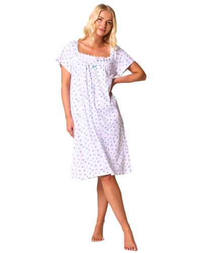 Ladies 100% Cotton Jersey Floral Nightdress with Short Sleeves - Picture 2 of 13