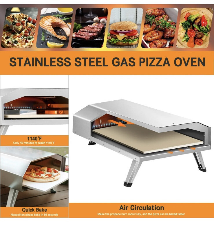 BIG HORN OUTDOORS 12 inch Gas Pizza Oven Propane, Portable Outdoor Oven,  Steak
