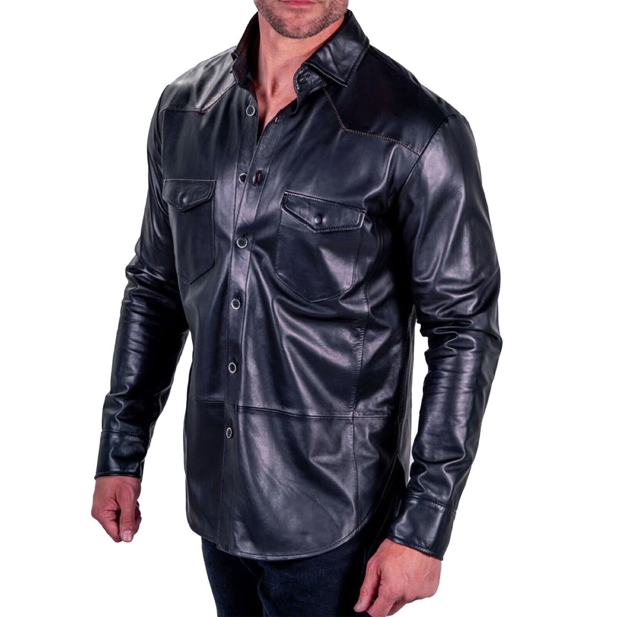 Men's NEW Arrival 100% Genuine Lambskin Leather Shirt Button