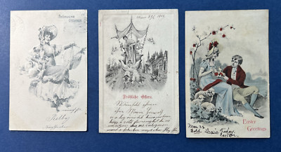 3 Pretty Ladies Easter Antique Postcards. 1902-1907 era.  Pen & Ink Style. Nice