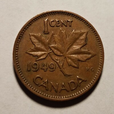 1949 Canadian penny with King George VI on front and maple leaf on
