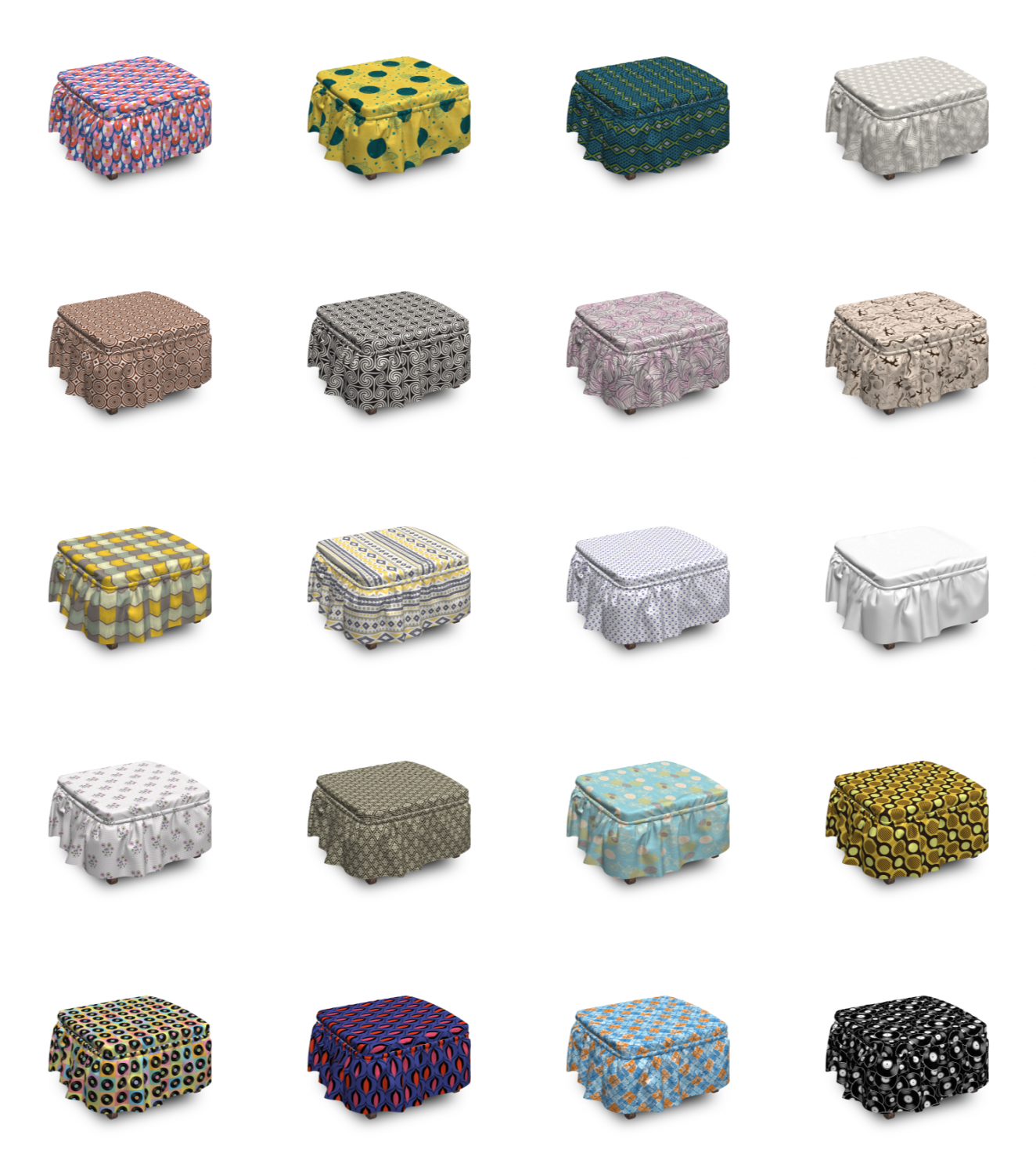 Ambesonne Retro Elements Ottoman Cover 2 Piece Slipcover Set and Ruffle Skirt