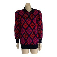 Vtg 80s Katies Acrylic Jumper Sz 12 Polo Neck Diamond Snowflake Pattern Red Blue