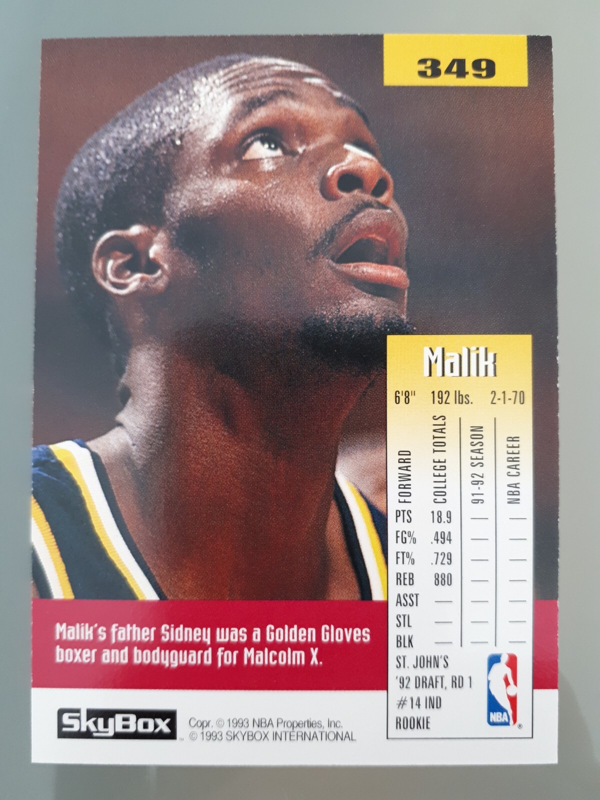 1992-93 SkyBox Basketball Malik Sealy Rookie #349 Indiana Pacers NBA BR ...