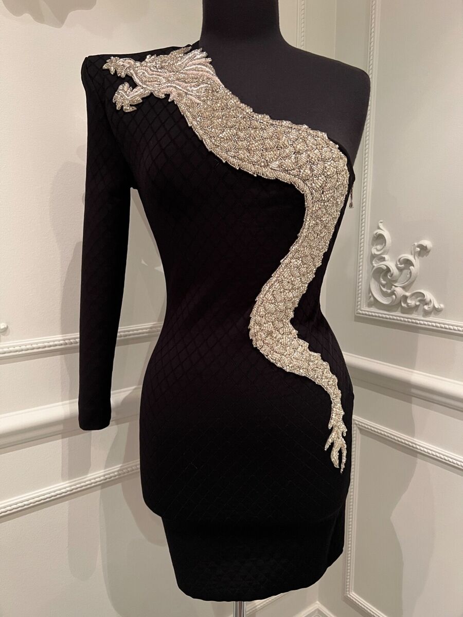 BALMAIN Black Viscose Dragon Stretch One Shoulder Dress Size BALMAIN Black Viscose Dragon Stretch One Shoulder Dress Size