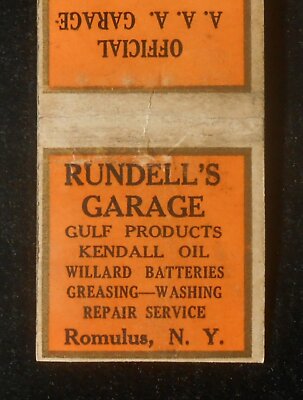 1930s Rundell's Garage Gulf Gas Kendall Oil Willard Batteries Romulus NY Seneca 