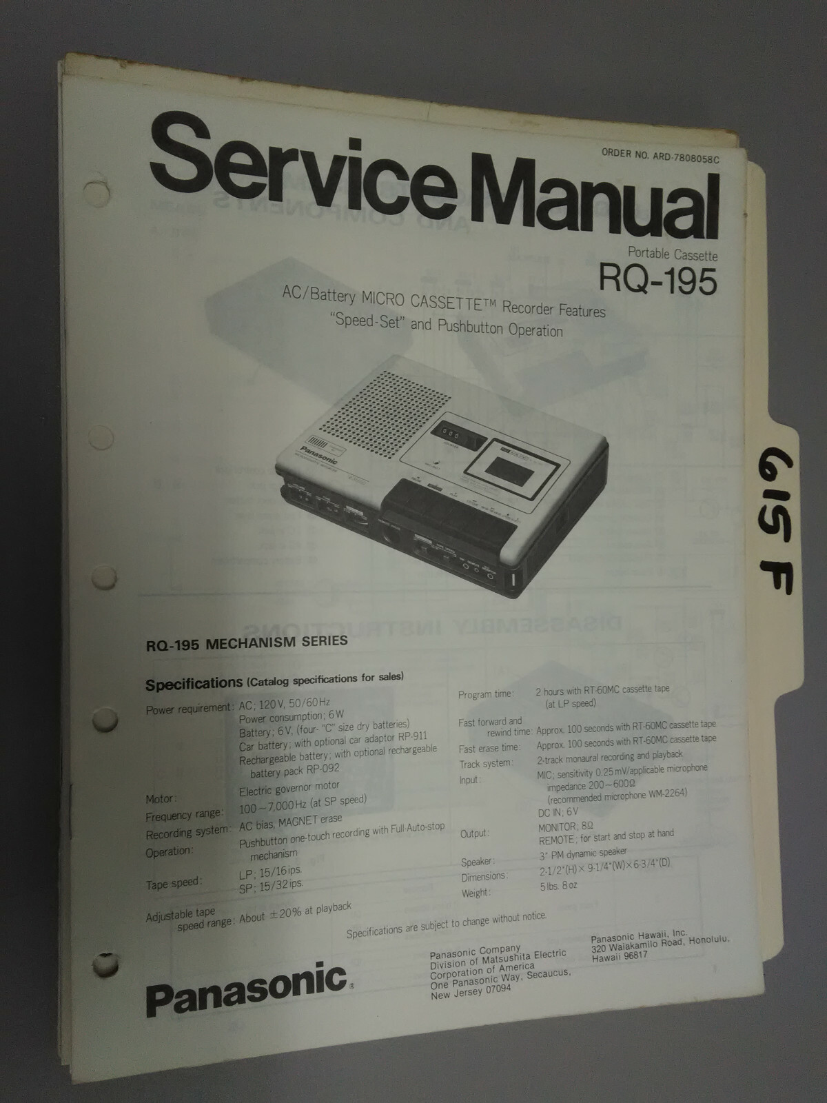 Panasonic rq-195 service manual original repair book portable tape recorder