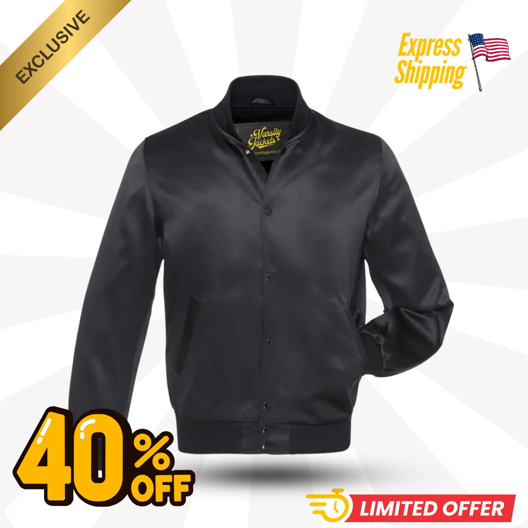 Premium Full Black Satin Varsity Letterman Bomber Jacket Black Rib Trim