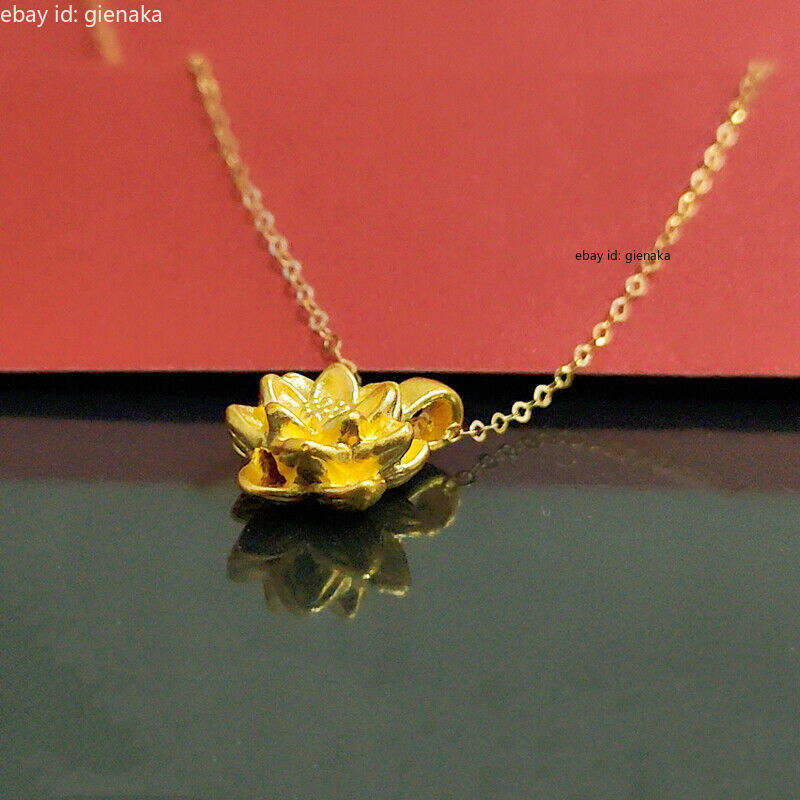 Pure 999 24K Yellow Gold Lotus Flower Pendant With 18K O