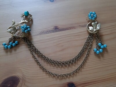  Miriam Haskell Turquoise Blue Beaded Brass Double Pins With Triple Chains Rare