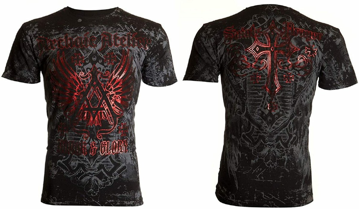 ARCHAIC by AFFLICTION Men's T-Shirt ACHILLES Black CROSS Biker S