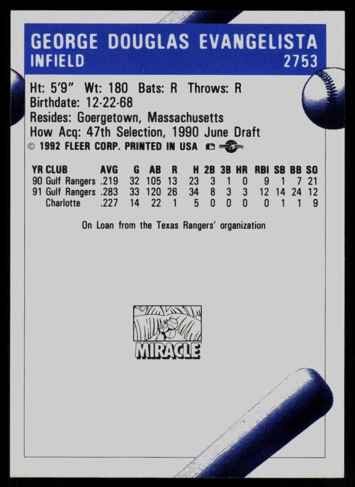 1992 Fleer ProCards George Evangelista Fort Myers Miracle - Image 2 of 2