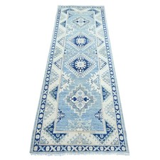 2'7"x7'8" Blue Vintage Look Kazak Medallions Hand Knotted Wool Runner Rug 21958