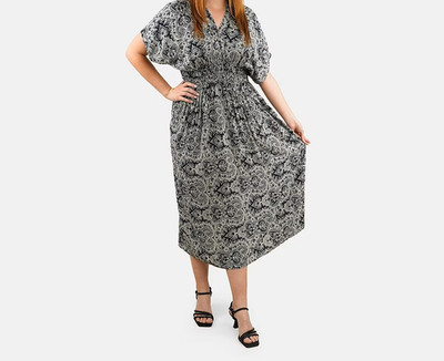 Navy Bandana Smocked Waist Kaftan Sleeve Midi Dress - One Size Fits Most