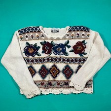 Vintage 90s knit sweater floral abstract embroidered pattern 1990s knit sweater