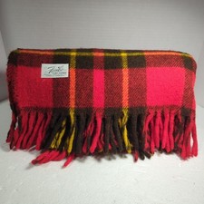 Vtg Faribo USA Red Tartan Plaid Wool Fluff Loomed Fringed Stadium Throw Blanket