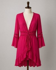 Shein Pink Ruffle Trim Bell Sleeve Dress with Tassel Tie