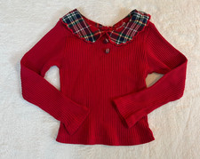 Vintage 90s Bobby Socks Girls Red Rib Knit Top Plaid Peter Pan Collar Holiday 5
