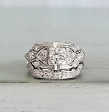 Art Deco Style Round Lab Created Diamond 14K White Gold FN Engagement Ring Set