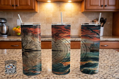 Vintage Nautical Compass 20oz Skinny Tumbler Pirate Ship Ocean Map Stainless
