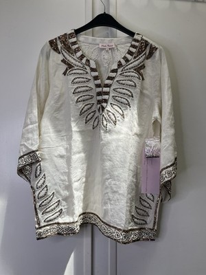 NWT Pauline Curletto Cover Up Top Beach Cruise Wear White Gold Beaded M
