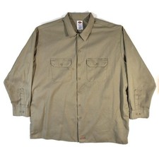 Dickies Work Shirt Mens 2XL Button Up Long Sleeve Khaki Polyester Blend Pockets