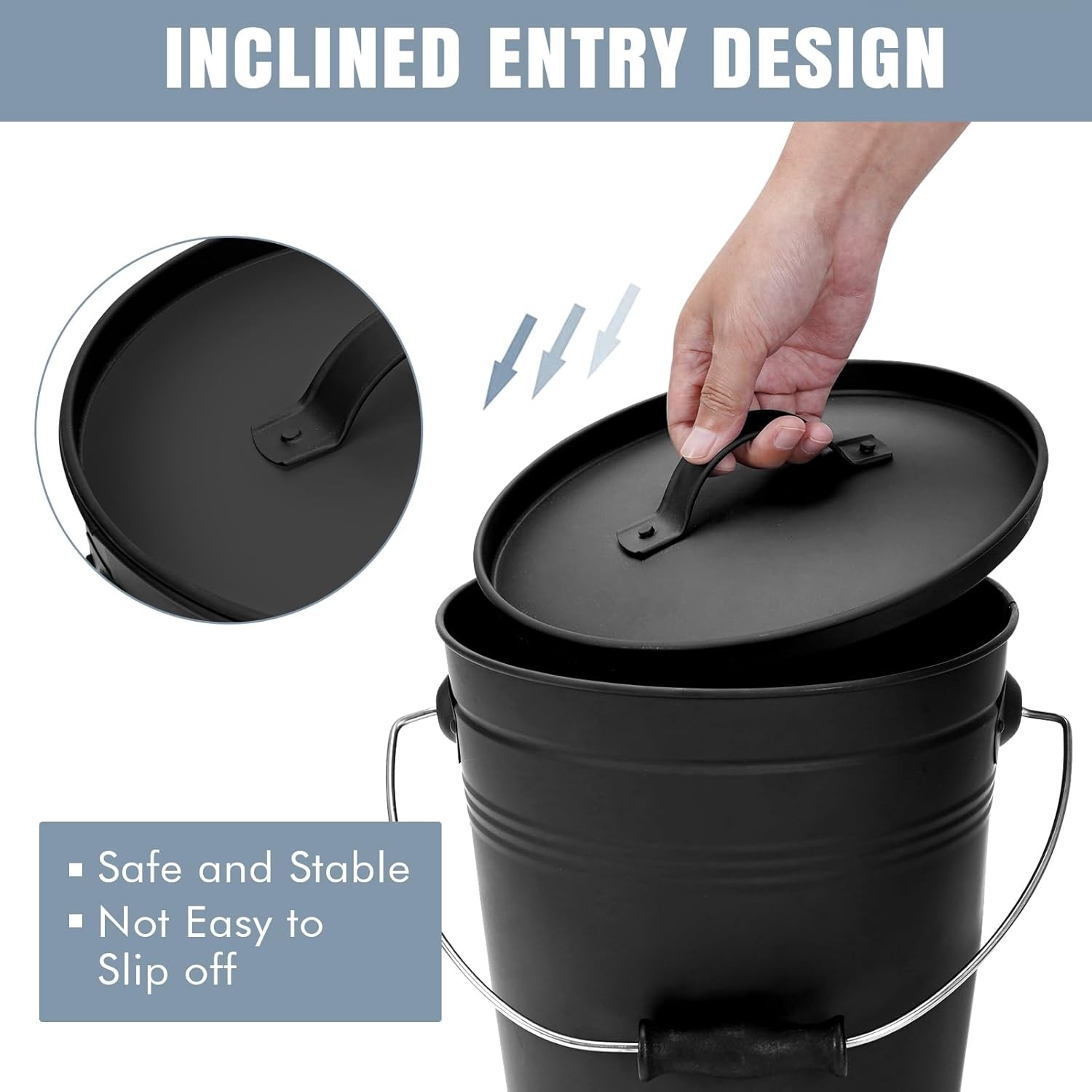 INNO STAGE Ash Bucket with Lid and Wood Handle Coal Shovel, 2.3 Gallon, Black 